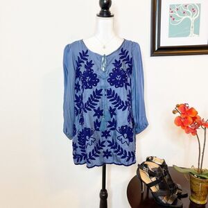 🍋 Ruby Yaya | Anthropologie • Embroidered Long Sleeve Boho Style Top Size M